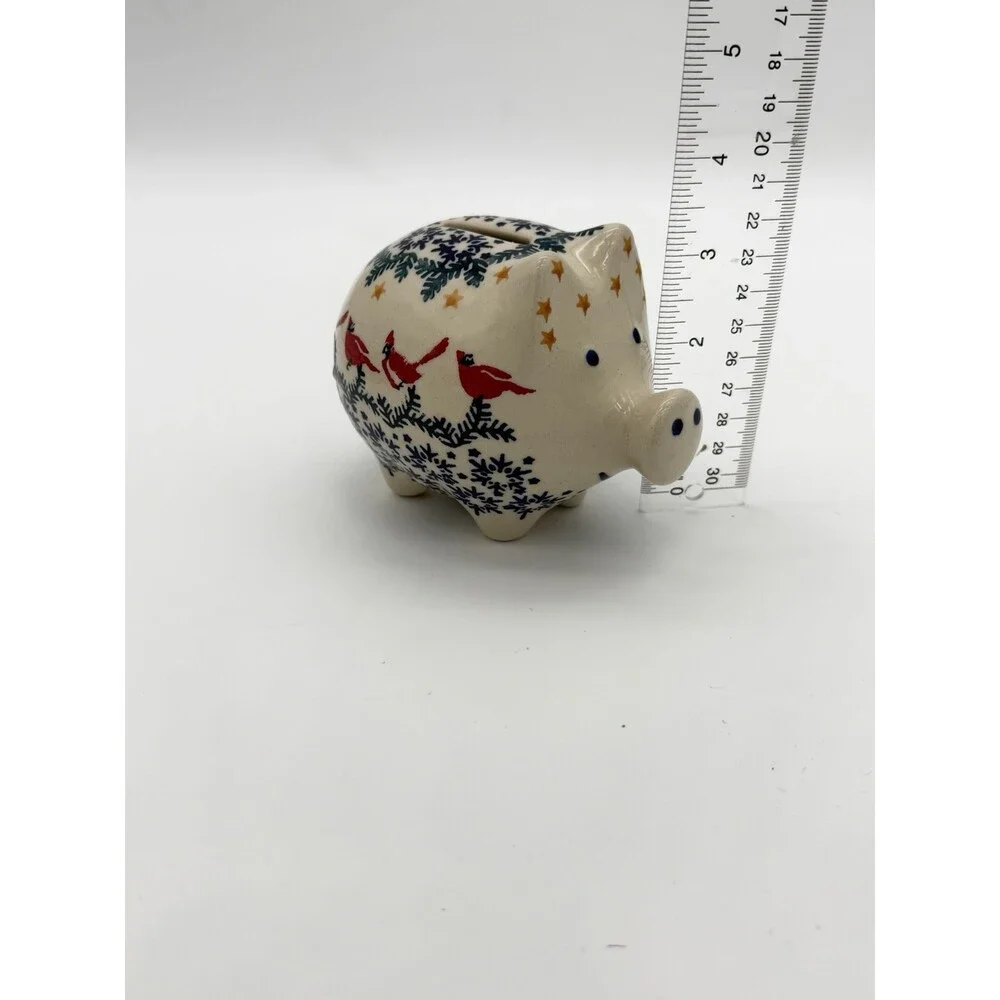 Boleslawiec Polish Art Pottery Hand Painted Cardinal Snow Flakes Piggy Bank